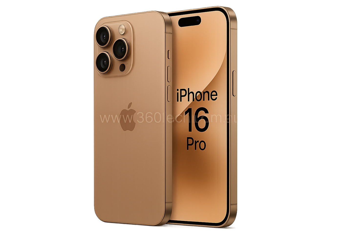iphone 16 pro Desert Titanium, transparent back ground and watermark in center "www.360tech.com.au"