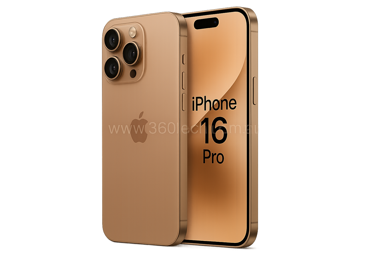 iphone 16 pro Desert Titanium, transparent back ground and watermark in center "www.360tech.com.au"
